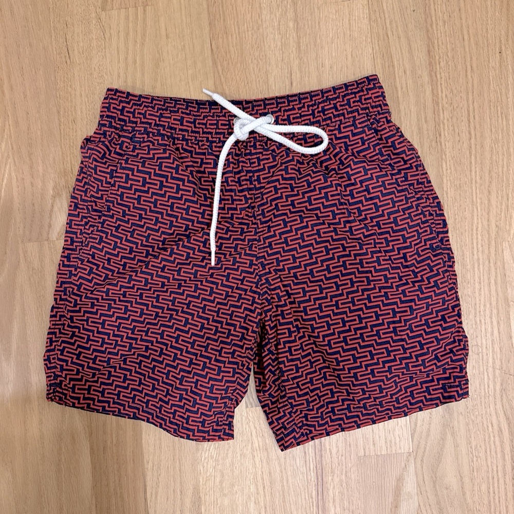 J. Crew Men's Swim Trunk Red Geometric Print Mesh Lined Size XS